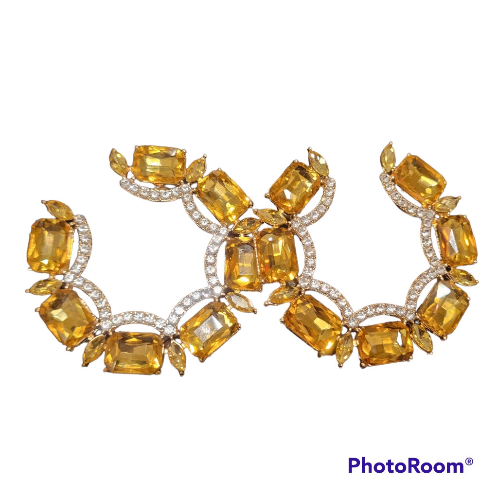 Gold Earrings. Square Shapes With Clear Jewels In The Middle